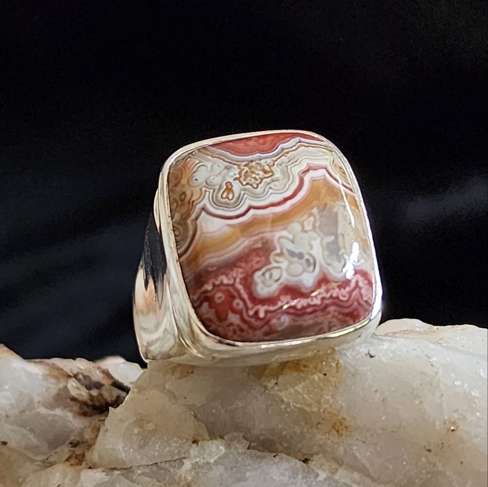 Natural Laguna Jasper Stone White Rhodium/925 Silver Ring Boho Jewelry